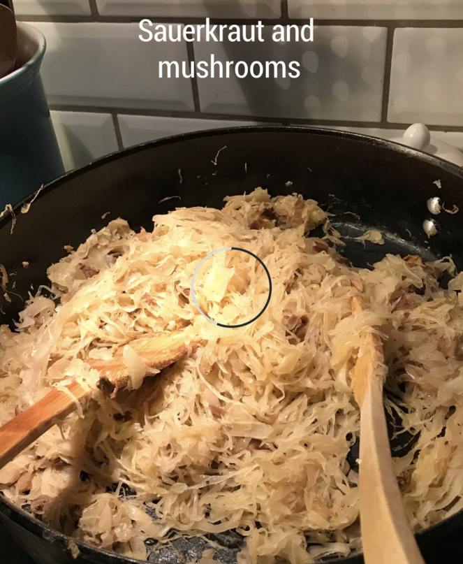 Sauerkraut and mushrooms cooking for pierogi filling.