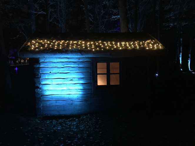 A shed lit up with white ligjts on its roof and bright blue lights on the shed