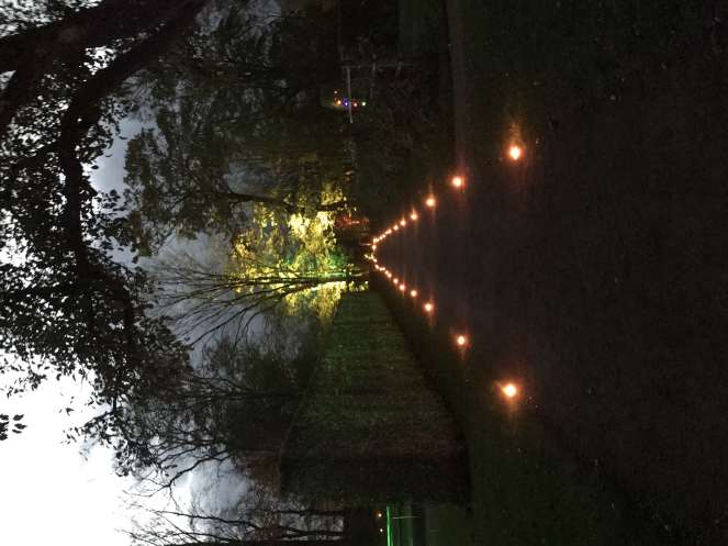 A walkway lit up with tea lights at Sofiero Slott