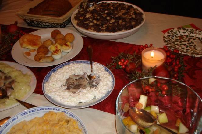 A table ful of Polish food for Wigilia